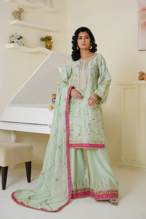 Mint Green & Pink Embroidered Viscose 3-Piece Suit – Ready to Wear