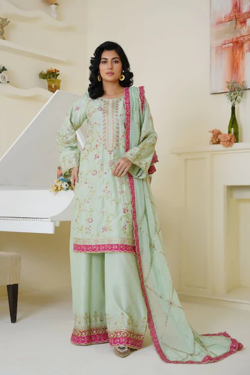 Mint Green & Pink Embroidered Viscose 3-Piece Suit – Ready to Wear